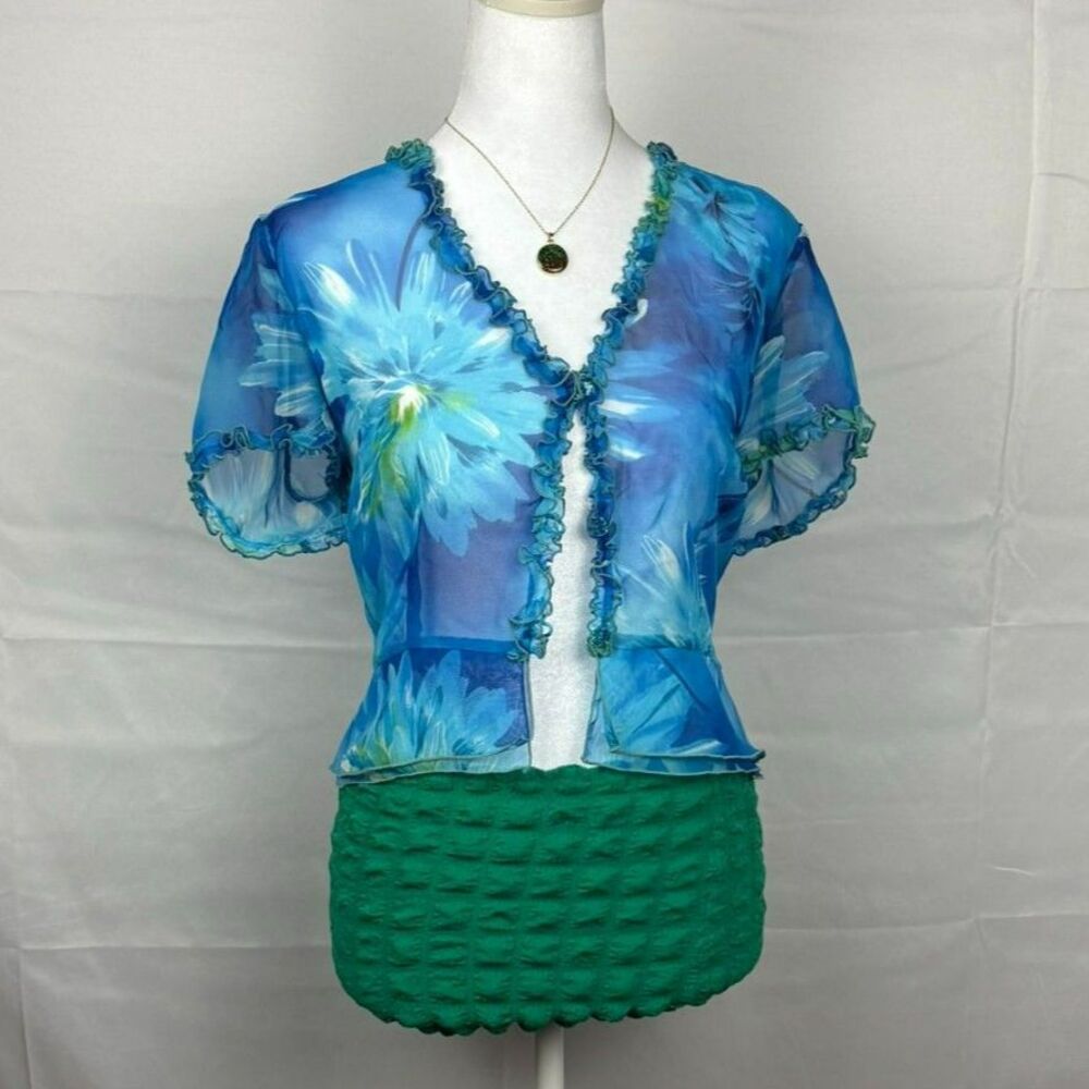 Studio I Fairycore/Mermaidcore Sheer Floral Ruffle Blouse w/ Gem Buttons - M/L